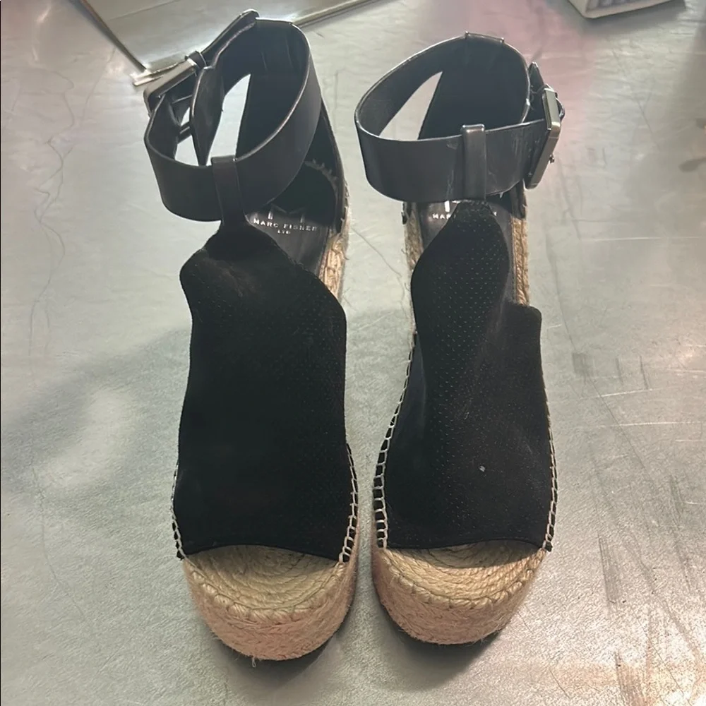 Marc Fisher Black Espadrille Wedge Sandals with Ankle Strap